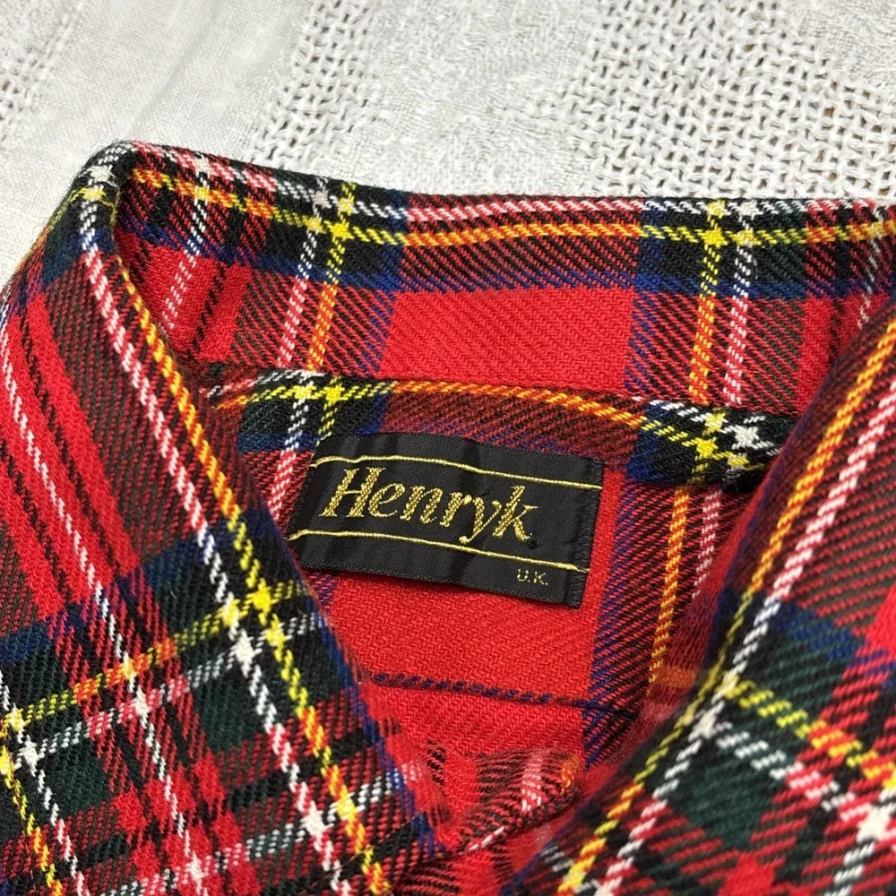 Vtg Sz L Henryk Shirt Mens Large Red Blue Plaid Button Up Wool Blend Made UK 90s